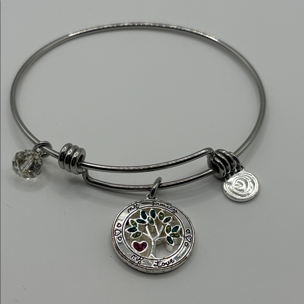 Silver And Green Adjustable Wire Bracelet With Charm